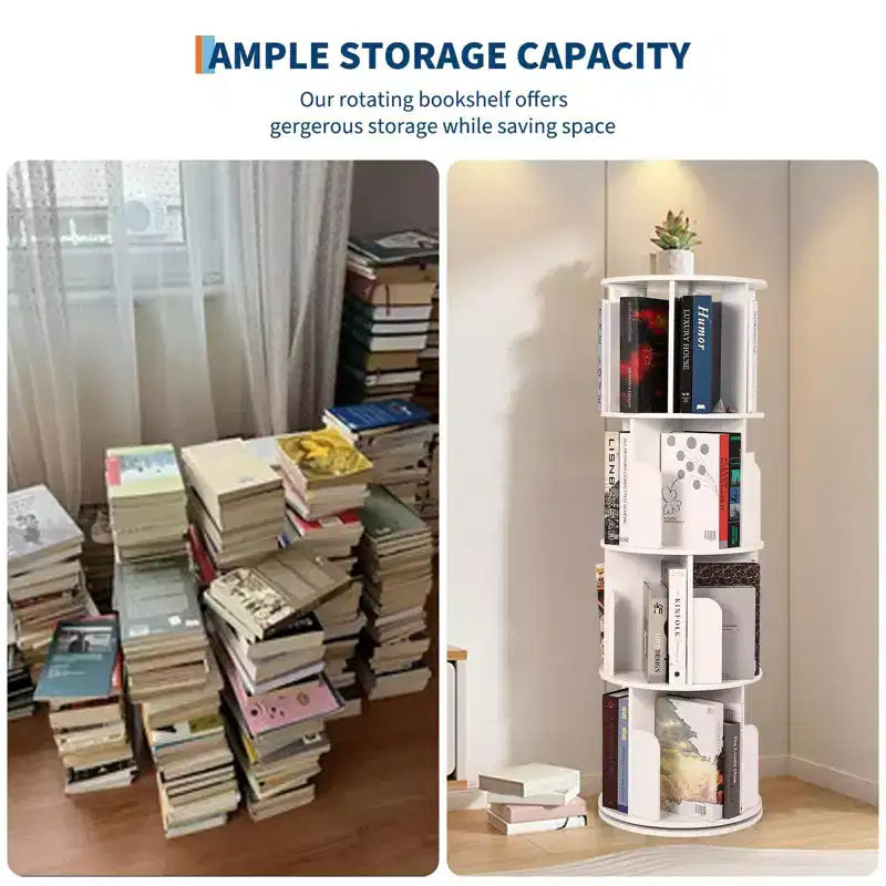 Bibliothèque rotative en bois à 4 niveaux, bibliothèque sur pied pivotant à 360° et rangement multifonctionnel pour le salon, les enfants et les adultes