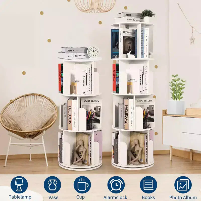 Bibliothèque rotative en bois à 4 niveaux, bibliothèque sur pied pivotant à 360° et rangement multifonctionnel pour le salon, les enfants et les adultes