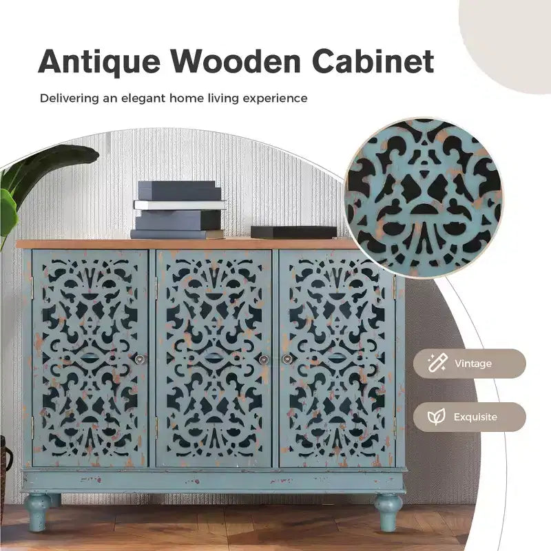 Antikes Sideboard mit geschnitzten Aussparungen und Stauraum, mit Beinen aus Massivholz, für Wohnzimmer, Eingangsbereich und Foyer