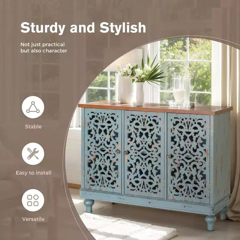 Antikes Sideboard mit geschnitzten Aussparungen und Stauraum, mit Beinen aus Massivholz, für Wohnzimmer, Eingangsbereich und Foyer