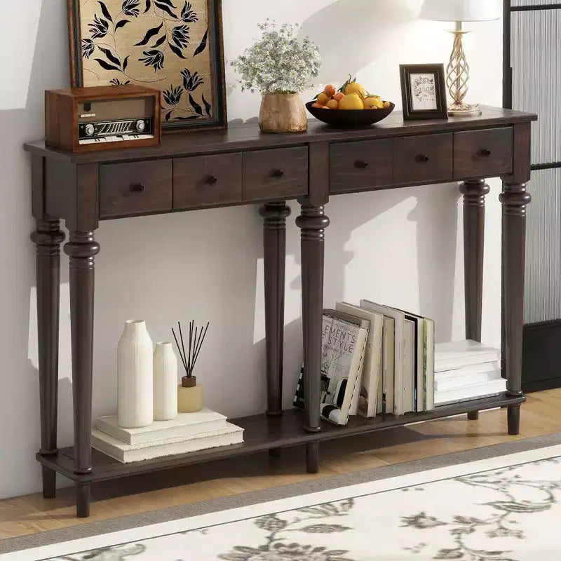 Table d’entrée rétro de 59.8IN avec 4 tiroirs, console étroite avec étagères ouvertes, table de couloir pour le salon ou le vestibule, couleur expresso