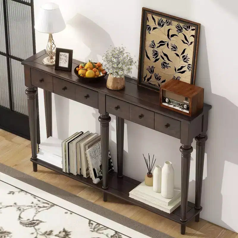 Table d’entrée rétro de 59.8IN avec 4 tiroirs, console étroite avec étagères ouvertes, table de couloir pour le salon ou le vestibule, couleur expresso