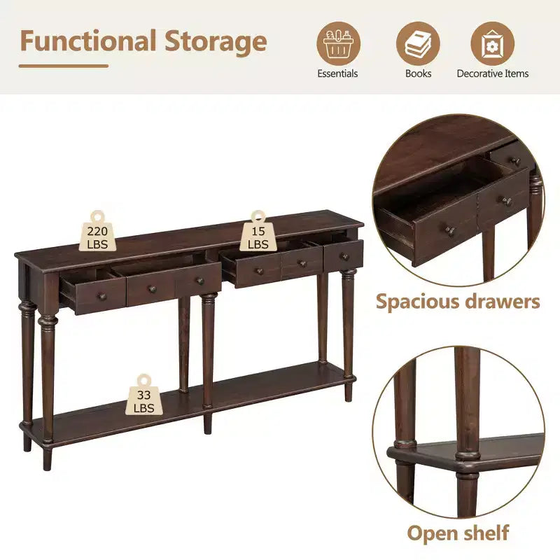 Table d’entrée rétro de 59.8IN avec 4 tiroirs, console étroite avec étagères ouvertes, table de couloir pour le salon ou le vestibule, couleur expresso