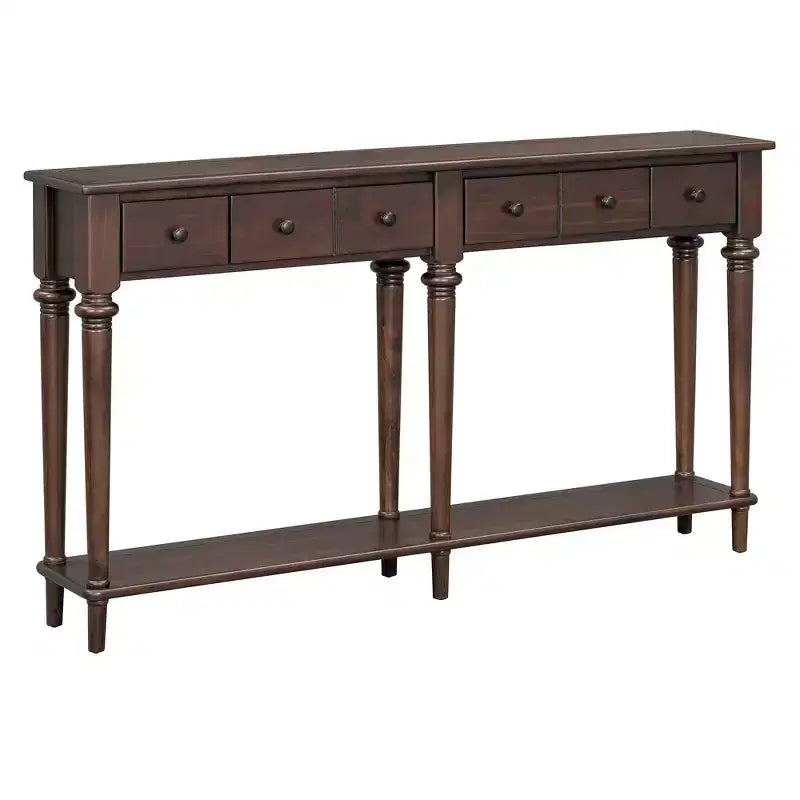 Table d’entrée rétro de 59.8IN avec 4 tiroirs, console étroite avec étagères ouvertes, table de couloir pour le salon ou le vestibule, couleur expresso