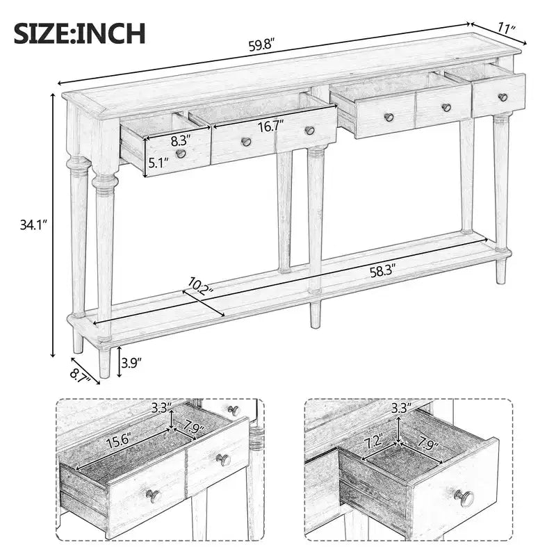 Table d’entrée rétro de 59.8IN avec 4 tiroirs, console étroite avec étagères ouvertes, table de couloir pour le salon ou le vestibule, couleur expresso