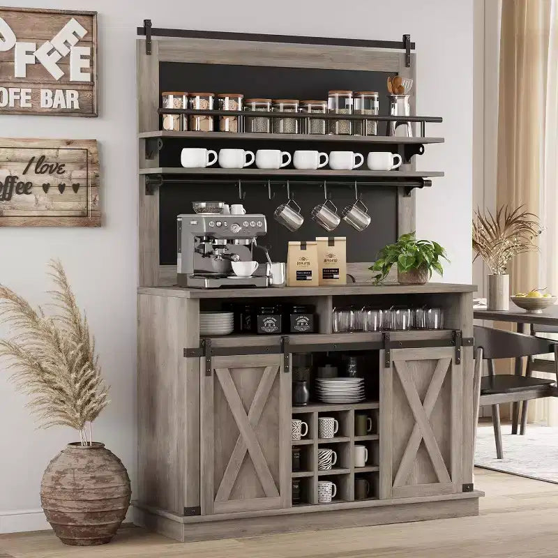 75 hoher Kaffeeschrank, großer Küchenschrank und Vorratsschrank, weißer Kaffeeschrank mit Schiebetür im Scheunentor-Design