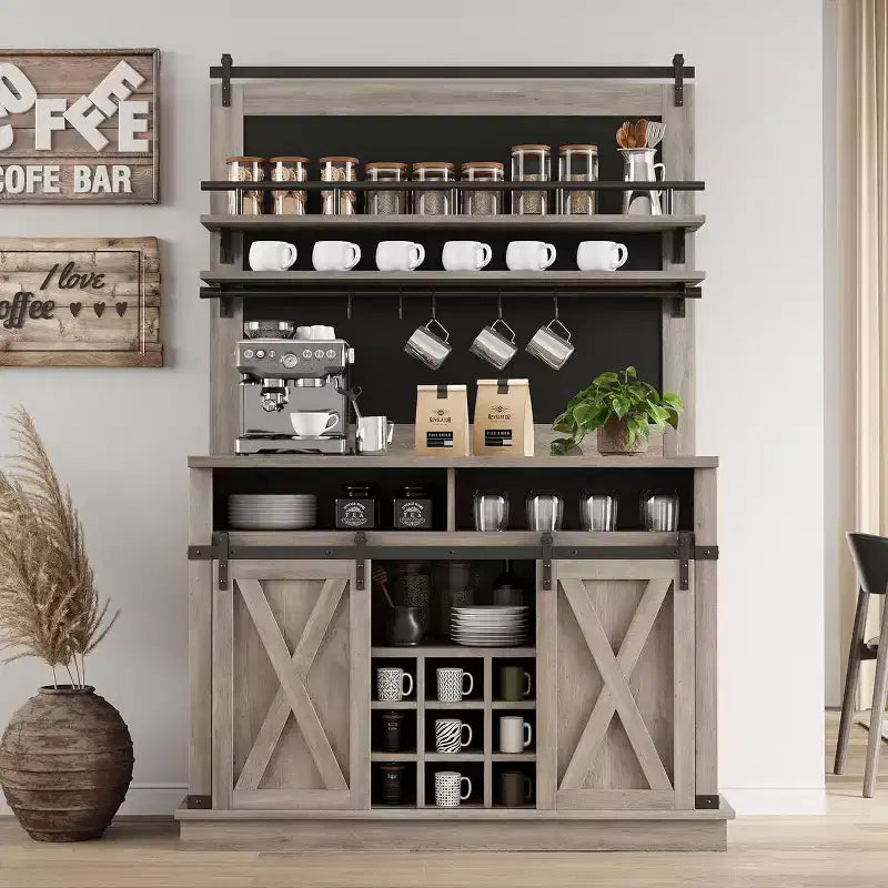 75 hoher Kaffeeschrank, großer Küchenschrank und Vorratsschrank, weißer Kaffeeschrank mit Schiebetür im Scheunentor-Design
