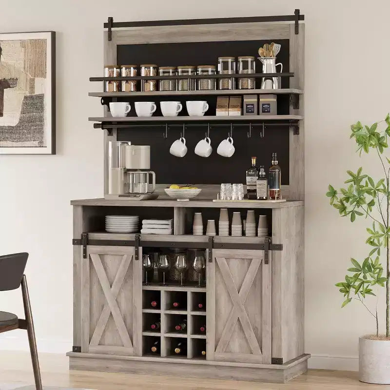 75 hoher Kaffeeschrank, großer Küchenschrank und Vorratsschrank, weißer Kaffeeschrank mit Schiebetür im Scheunentor-Design