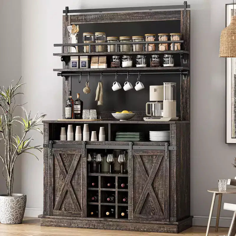 75 hoher Kaffeeschrank, großer Küchenschrank und Vorratsschrank, weißer Kaffeeschrank mit Schiebetür im Scheunentor-Design