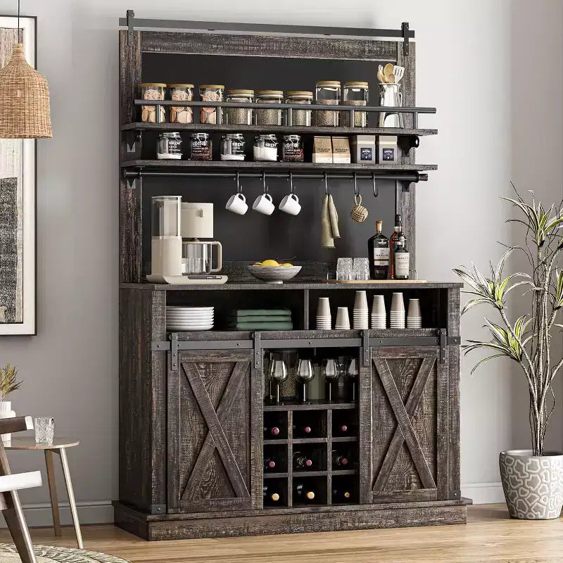 75 hoher Kaffeeschrank, großer Küchenschrank und Vorratsschrank, weißer Kaffeeschrank mit Schiebetür im Scheunentor-Design