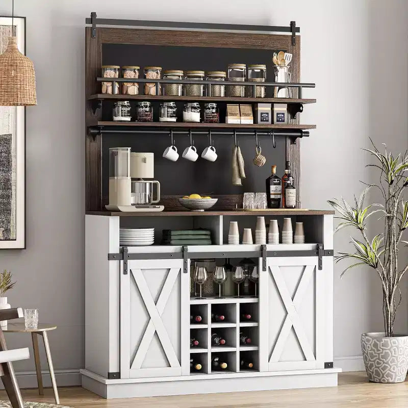 75 hoher Kaffeeschrank, großer Küchenschrank und Vorratsschrank, weißer Kaffeeschrank mit Schiebetür im Scheunentor-Design