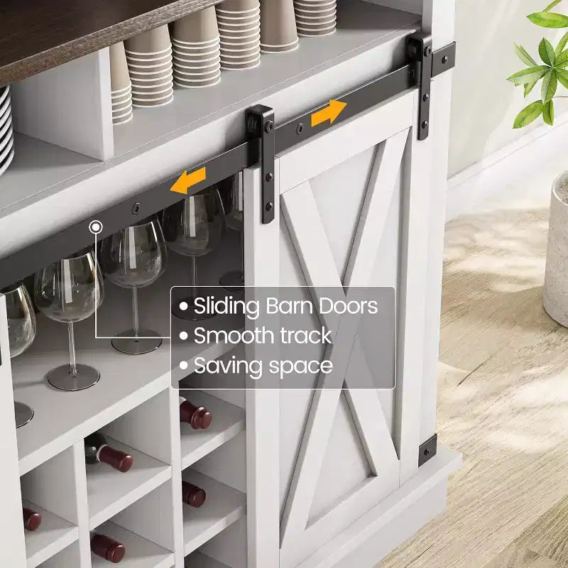 75 hoher Kaffeeschrank, großer Küchenschrank und Vorratsschrank, weißer Kaffeeschrank mit Schiebetür im Scheunentor-Design