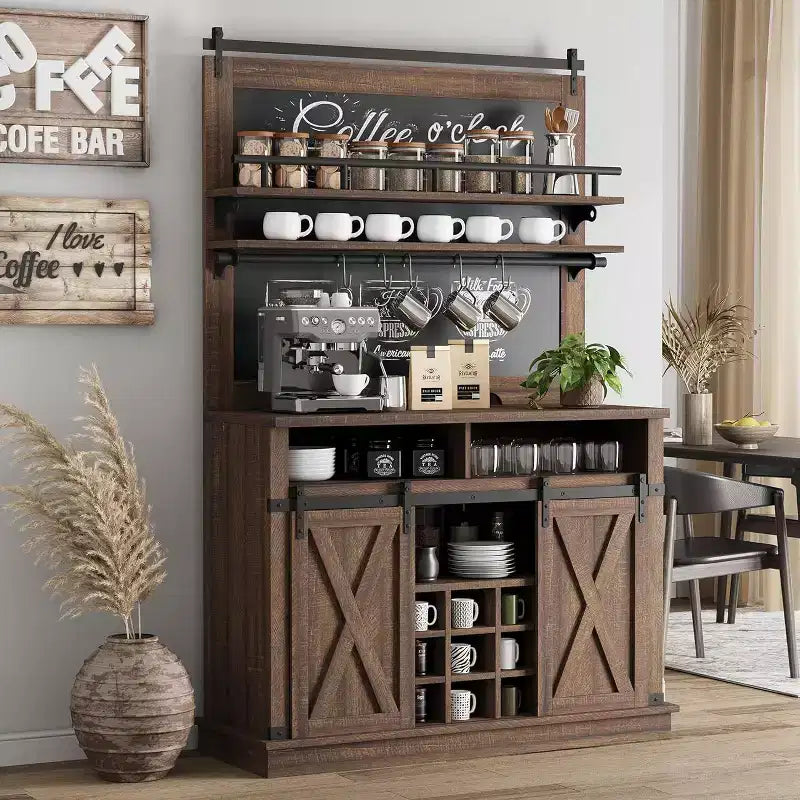 75 hoher Kaffeeschrank, großer Küchenschrank und Vorratsschrank, weißer Kaffeeschrank mit Schiebetür im Scheunentor-Design