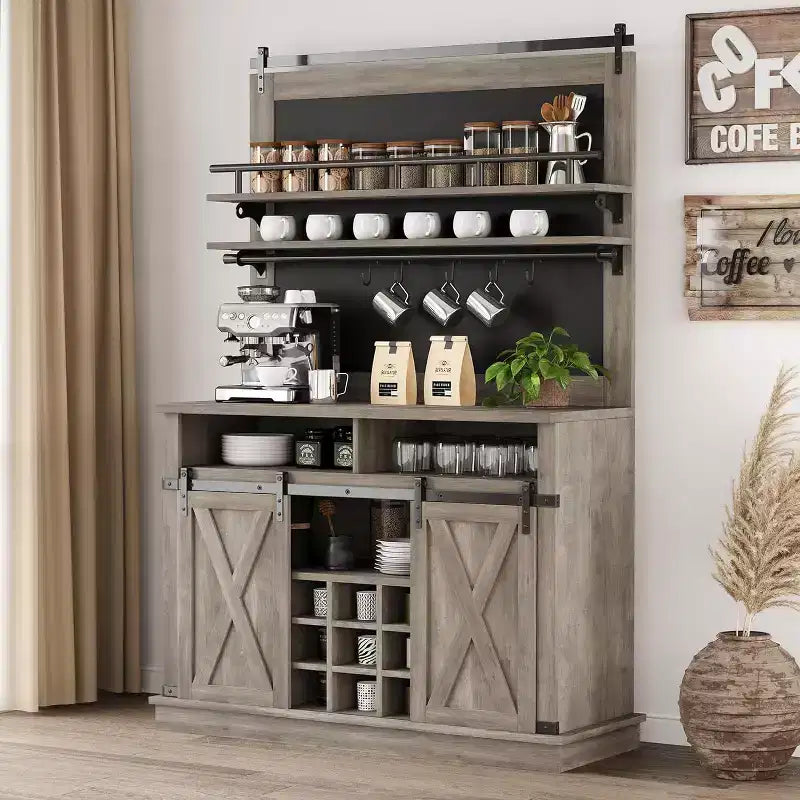 75 hoher Kaffeeschrank, großer Küchenschrank und Vorratsschrank, weißer Kaffeeschrank mit Schiebetür im Scheunentor-Design