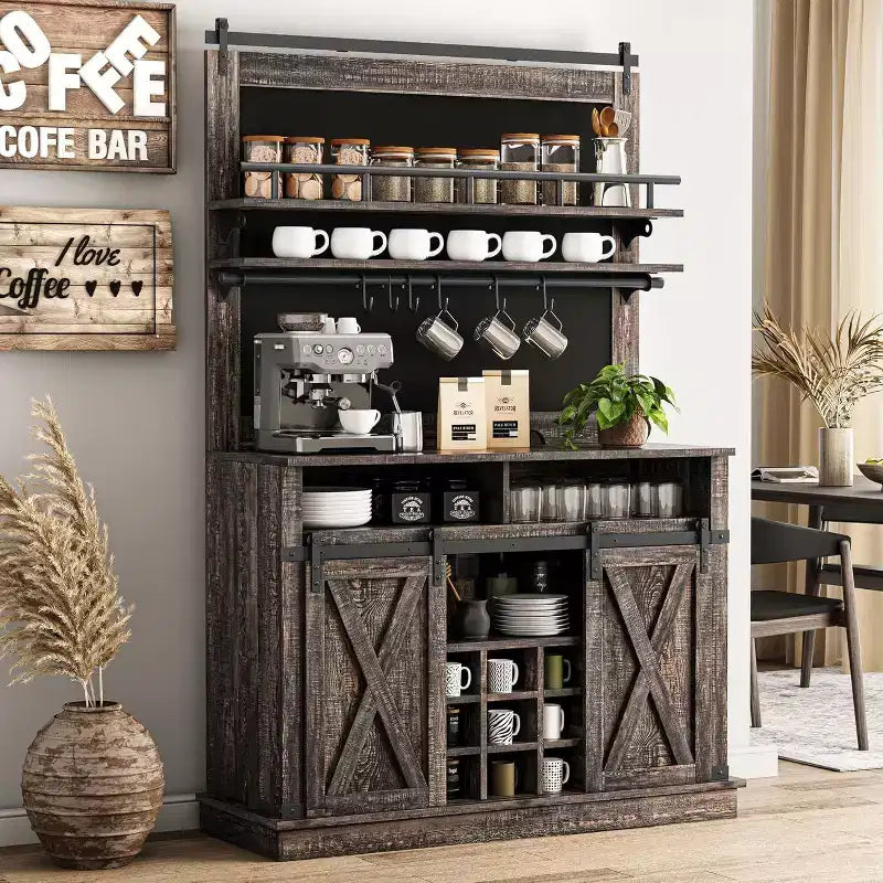 75 hoher Kaffeeschrank, großer Küchenschrank und Vorratsschrank, weißer Kaffeeschrank mit Schiebetür im Scheunentor-Design