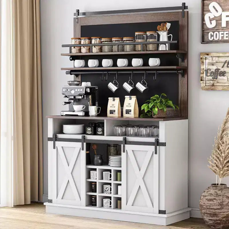 75 hoher Kaffeeschrank, großer Küchenschrank und Vorratsschrank, weißer Kaffeeschrank mit Schiebetür im Scheunentor-Design