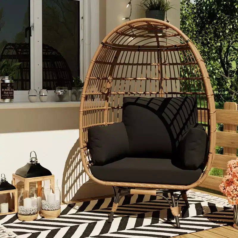 Fauteuil œuf surdimensionné pivotant à 360°, fauteuil de détente de patio en rotin PE avec coussin moelleux, structure en acier et base en métal, panier en osier imperméable