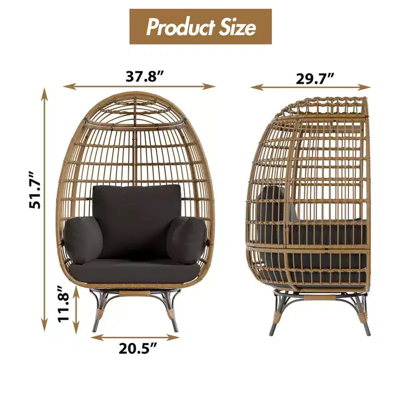 Fauteuil œuf surdimensionné pivotant à 360°, fauteuil de détente de patio en rotin PE avec coussin moelleux, structure en acier et base en métal, panier en osier imperméable