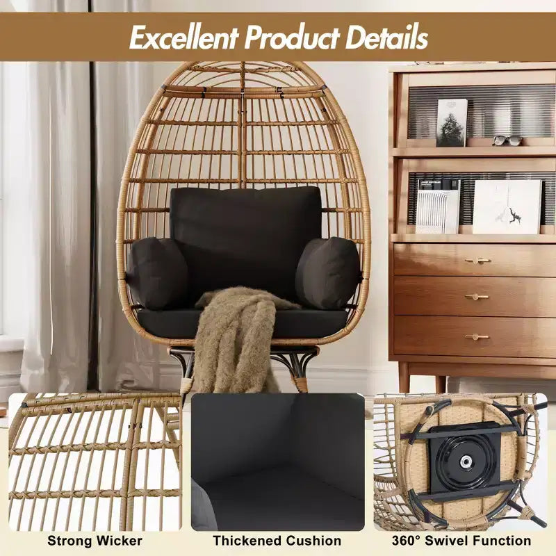 Fauteuil œuf surdimensionné pivotant à 360°, fauteuil de détente de patio en rotin PE avec coussin moelleux, structure en acier et base en métal, panier en osier imperméable