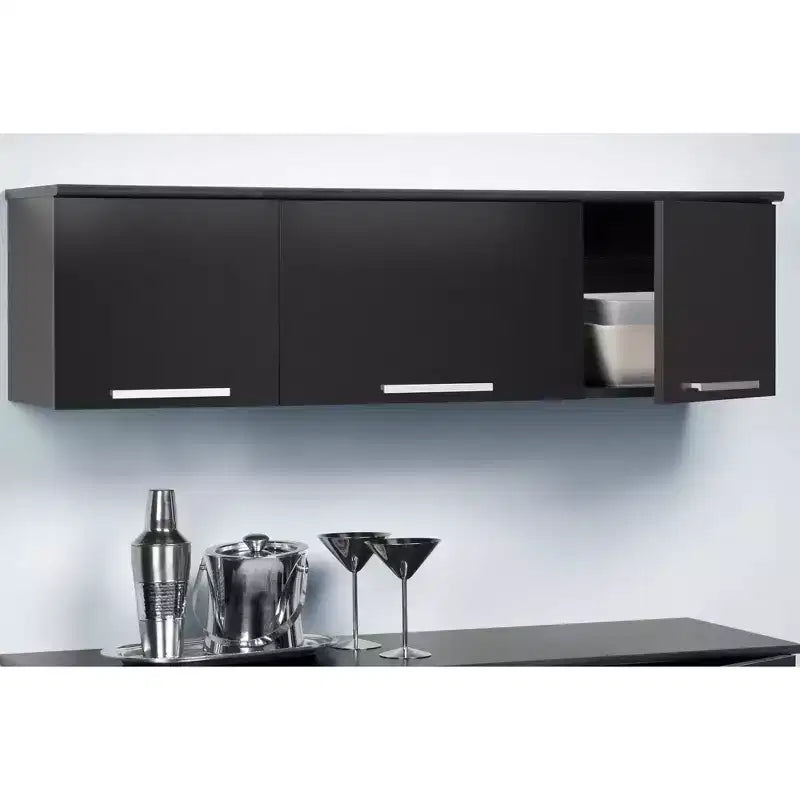 Wandmontierter Aufsatzschrank mit schwarzer Laminatoberfläche, selbstschließenden Scharnieren und Nickelgriffen