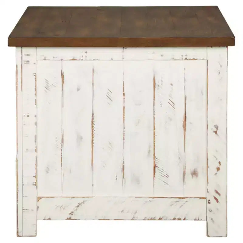 Beistelltisch, Weiß/Braun, moderner Stil mit Stauraum, Holzbeinen und zwei Türen
