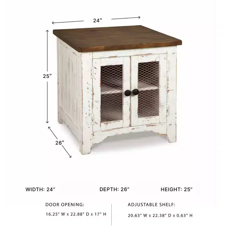 Beistelltisch, Weiß/Braun, moderner Stil mit Stauraum, Holzbeinen und zwei Türen