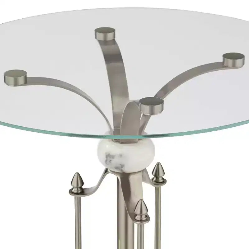 Moderner runder Beistelltisch aus Metall, 20 breit, gebürstetes Nickel, klare Glasplatte, Marmorakzente, für Wohnzimmer, Schlafzimmer, neben dem Bett und Eingangsbereich