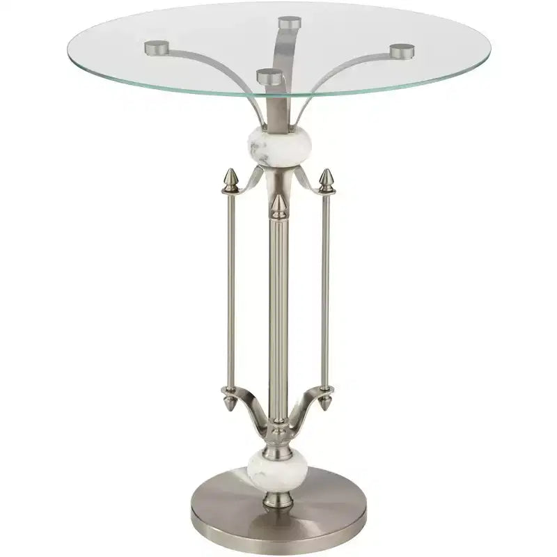 Moderner runder Beistelltisch aus Metall, 20 breit, gebürstetes Nickel, klare Glasplatte, Marmorakzente, für Wohnzimmer, Schlafzimmer, neben dem Bett und Eingangsbereich