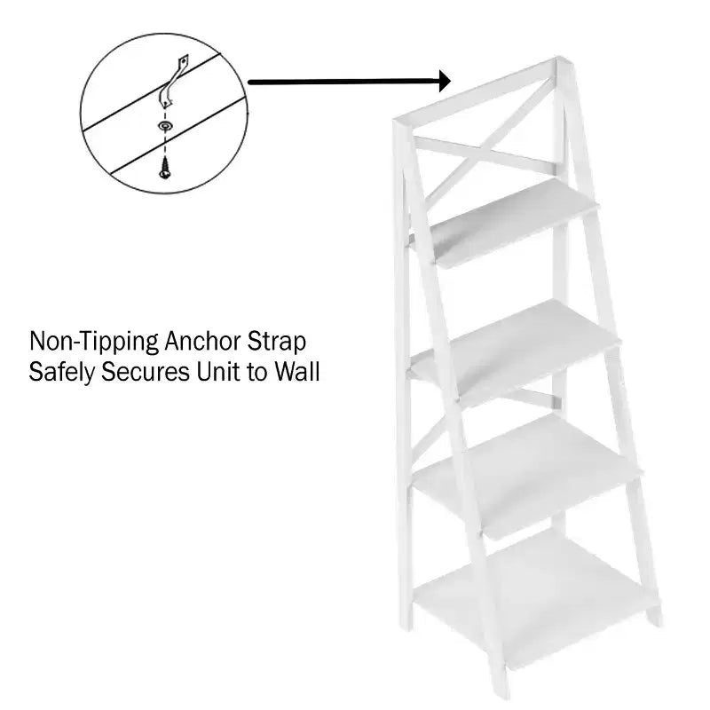 4-stufiges Leiterregal mit X-Rückengestell, freistehendes Bücherregal, Weiß