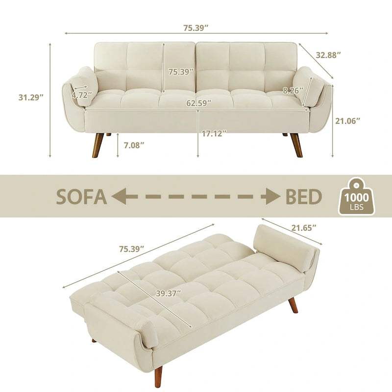 75.39 Schlafsofa mit Kissen, ausziehbares Sofa und klappbares Zweisitzersofa fürs Wohnzimmer