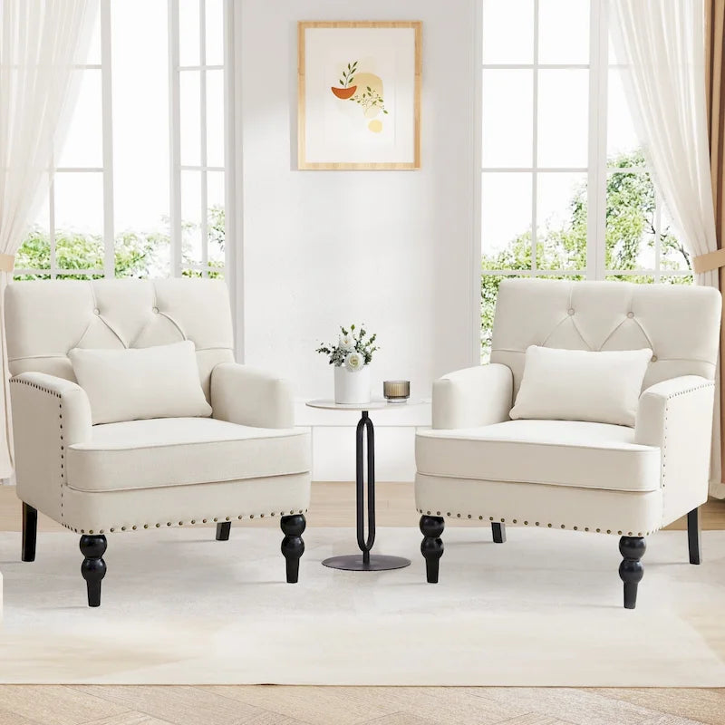 Lot de 2 fauteuils rembourrés avec accoudoirs, capitonnage à boutons et coussin lombaire, beige/gris/bleu clair