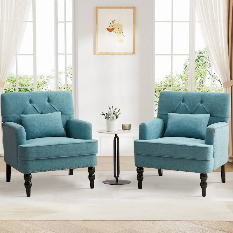 Lot de 2 fauteuils rembourrés avec accoudoirs, capitonnage à boutons et coussin lombaire, beige/gris/bleu clair