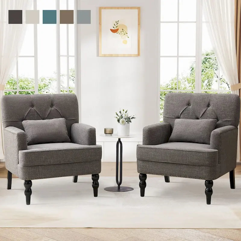Lot de 2 fauteuils rembourrés avec accoudoirs, capitonnage à boutons et coussin lombaire, beige/gris/bleu clair