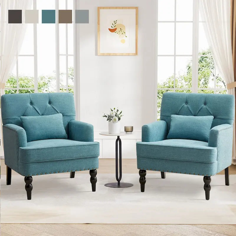 Lot de 2 fauteuils rembourrés avec accoudoirs, capitonnage à boutons et coussin lombaire, beige/gris/bleu clair