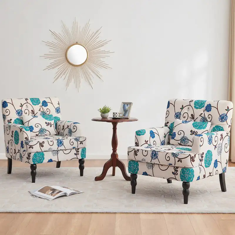 Lot de 2 fauteuils rembourrés avec accoudoirs, capitonnage à boutons et coussin lombaire, beige/gris/bleu clair