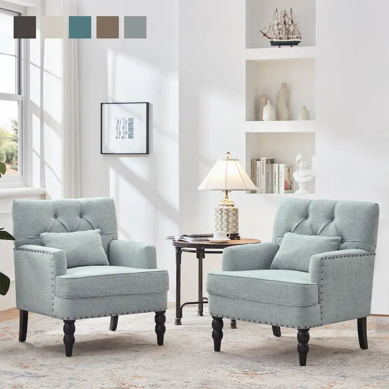 Lot de 2 fauteuils rembourrés avec accoudoirs, capitonnage à boutons et coussin lombaire, beige/gris/bleu clair