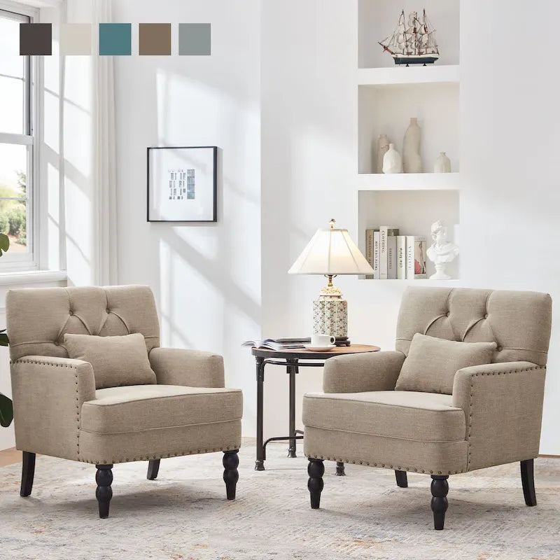 Lot de 2 fauteuils rembourrés avec accoudoirs, capitonnage à boutons et coussin lombaire, beige/gris/bleu clair