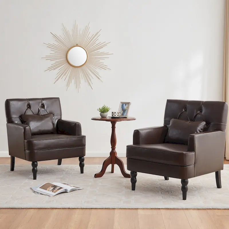 Lot de 2 fauteuils rembourrés avec accoudoirs, capitonnage à boutons et coussin lombaire, beige/gris/bleu clair
