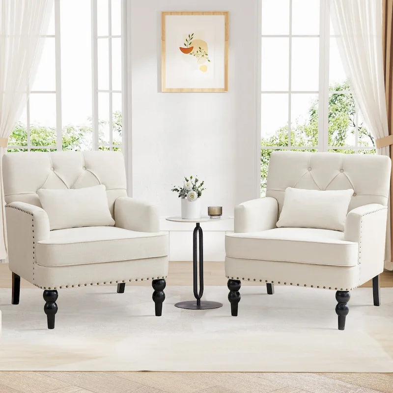 Lot de 2 fauteuils rembourrés avec accoudoirs, capitonnage à boutons et coussin lombaire, beige/gris/bleu clair