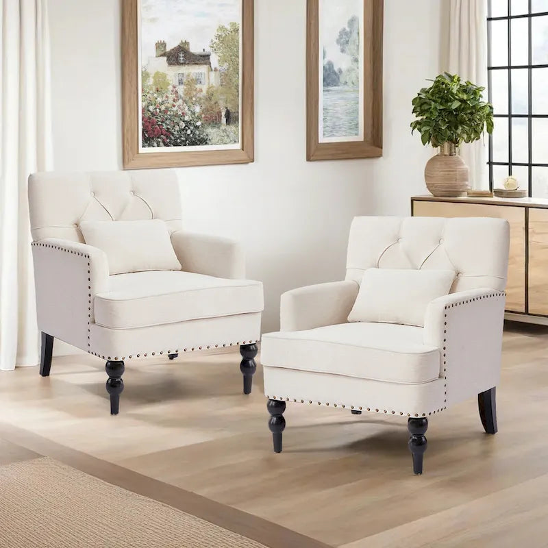 Lot de 2 fauteuils rembourrés avec accoudoirs, capitonnage à boutons et coussin lombaire, beige/gris/bleu clair