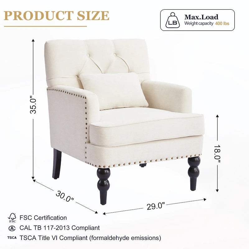 Lot de 2 fauteuils rembourrés avec accoudoirs, capitonnage à boutons et coussin lombaire, beige/gris/bleu clair