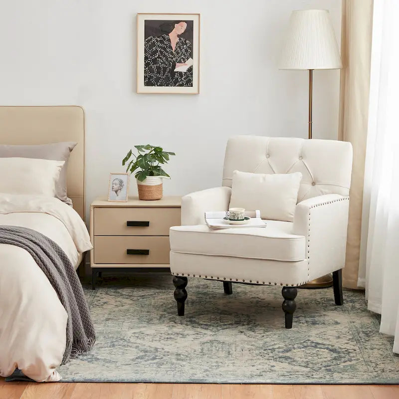 Lot de 2 fauteuils rembourrés avec accoudoirs, capitonnage à boutons et coussin lombaire, beige/gris/bleu clair