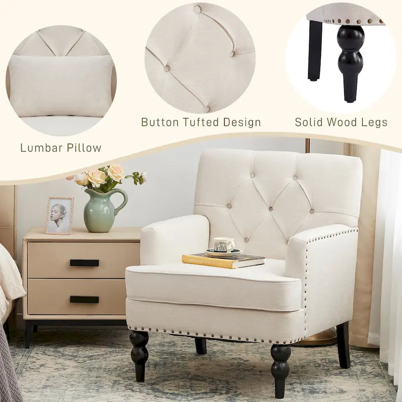 Lot de 2 fauteuils rembourrés avec accoudoirs, capitonnage à boutons et coussin lombaire, beige/gris/bleu clair