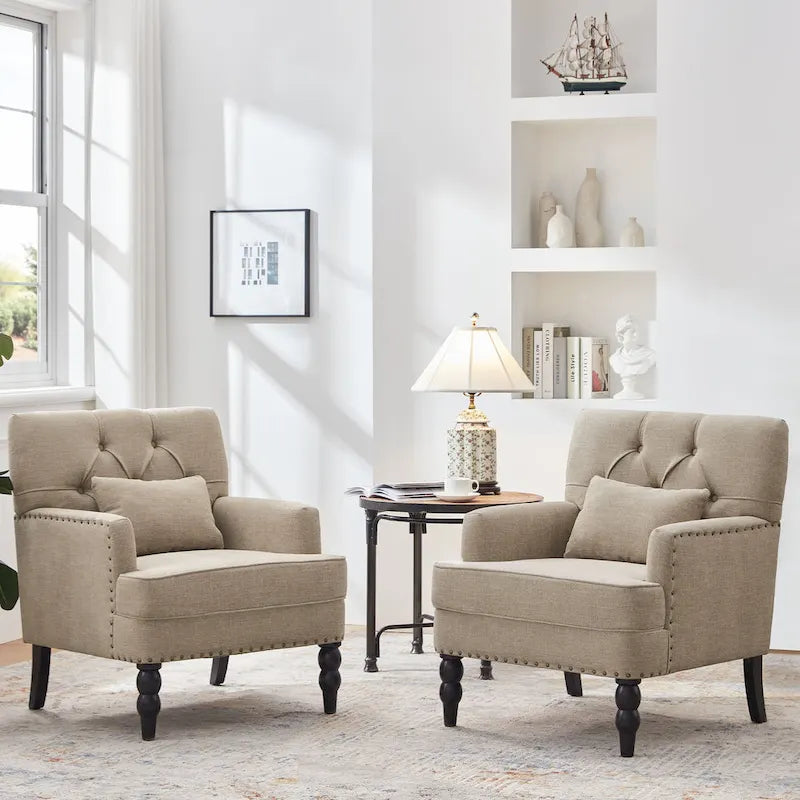 Lot de 2 fauteuils rembourrés avec accoudoirs, capitonnage à boutons et coussin lombaire, beige/gris/bleu clair