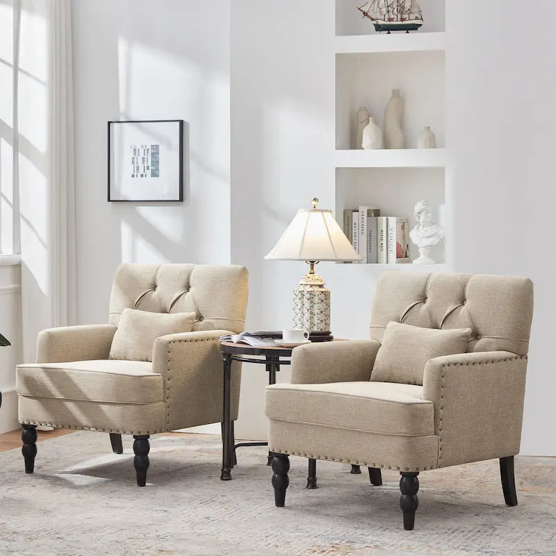 Lot de 2 fauteuils rembourrés avec accoudoirs, capitonnage à boutons et coussin lombaire, beige/gris/bleu clair