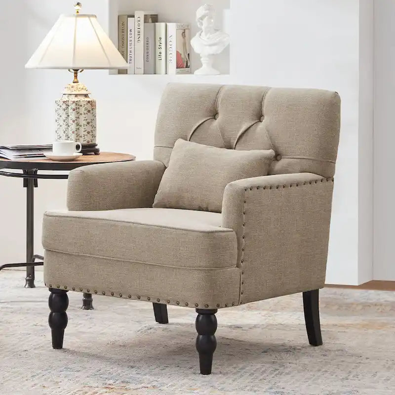 Lot de 2 fauteuils rembourrés avec accoudoirs, capitonnage à boutons et coussin lombaire, beige/gris/bleu clair