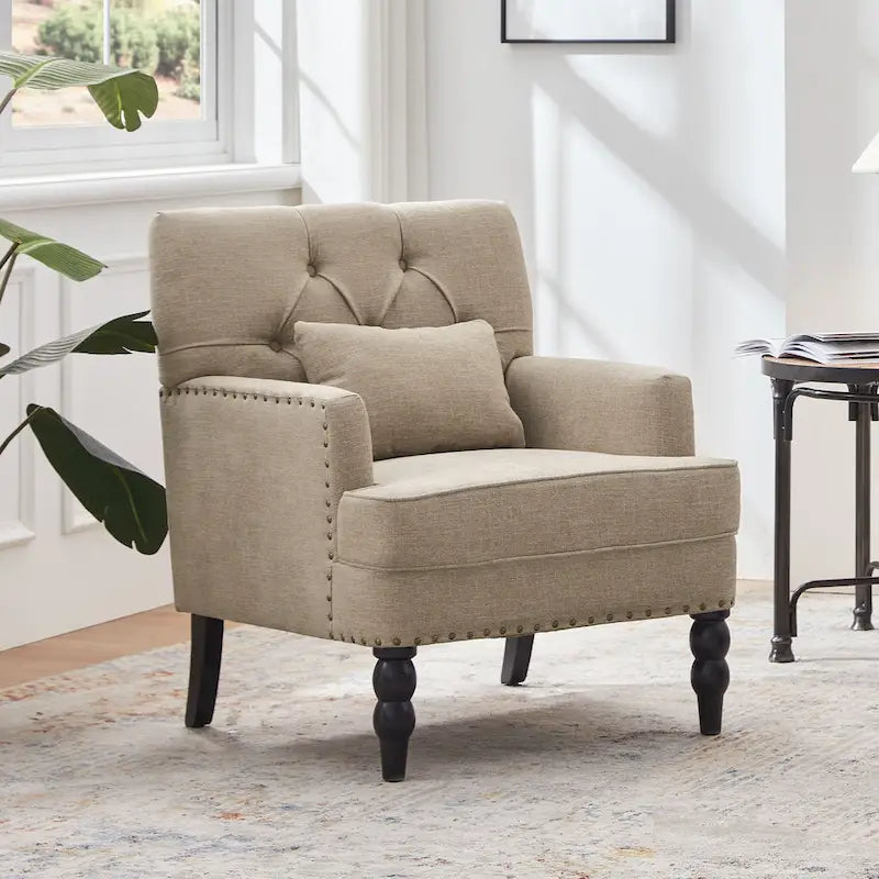 Lot de 2 fauteuils rembourrés avec accoudoirs, capitonnage à boutons et coussin lombaire, beige/gris/bleu clair
