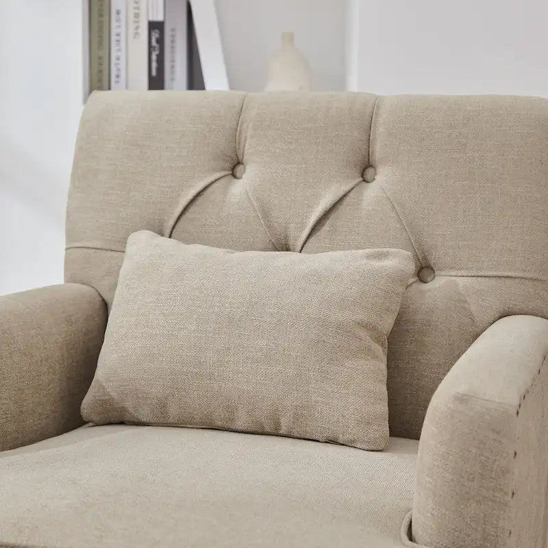 Lot de 2 fauteuils rembourrés avec accoudoirs, capitonnage à boutons et coussin lombaire, beige/gris/bleu clair