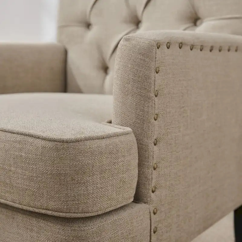 Lot de 2 fauteuils rembourrés avec accoudoirs, capitonnage à boutons et coussin lombaire, beige/gris/bleu clair