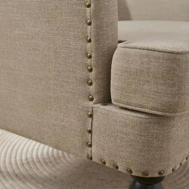 Lot de 2 fauteuils rembourrés avec accoudoirs, capitonnage à boutons et coussin lombaire, beige/gris/bleu clair